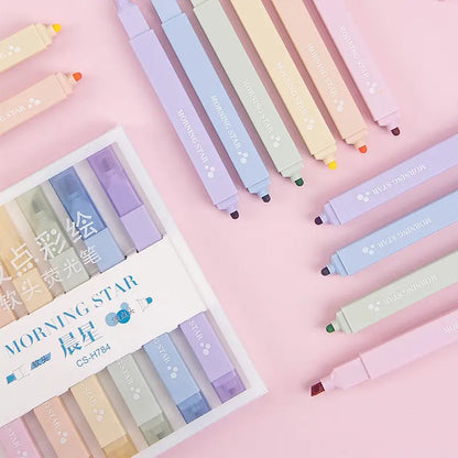 Morning Star Dual tip cute pastel highlighters placed on a pink backdrop available at point blank